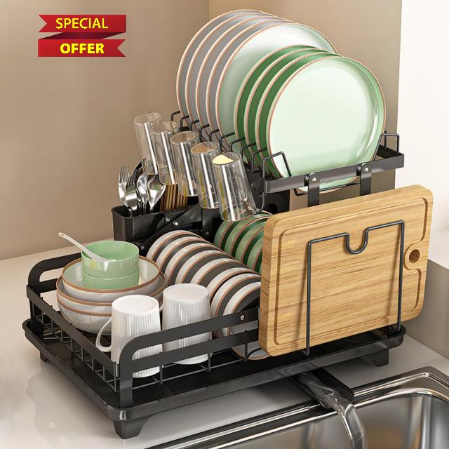 IBEDMAZIE Dish Drying Rack Large Size Without Installation 2-Tier Metal Dish Racks for Kitchen Counter with Drain Board Multifunctional Storage and Drainage (Black)
