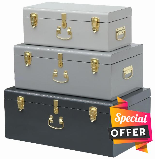 Vixdonos Decorative Box Set of 3 Metal Trunks Chest with Safety Lock Clasp for Boys and Girls Toy Storage and Home Dorm Decor