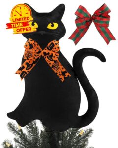Black Cat Halloween Christmas Tree Topper with Stand and Changeable Bows Xmas Tree Ornament Winter Holidays Home Decorations Cat Lovers Gift Ideas