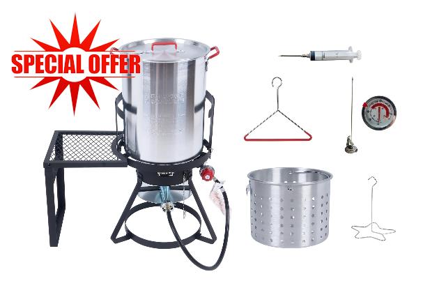 Fire Riot 30 Qt Heavy Gauge Aluminum Turkey Deep Fryer Pot with Injector and Thermometer Kit and 50