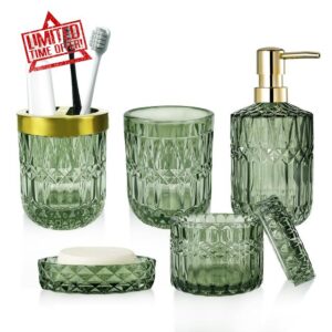 5PCS Green Glass Bathroom Accessories Set - Include Soap Dispenser and Toothbrush Holder Set