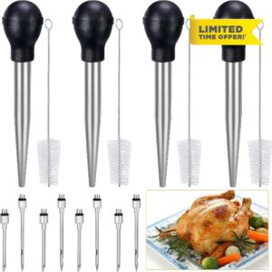 Uiifan 4 Pack Turkey Baster Stainless Steel Turkey Baster Syringe Baster for Cooking Hot Liquid with Silicone Bulb 2 Marinade Injector Needles and Cleaning Brush for Christmas Turkey Utensils
