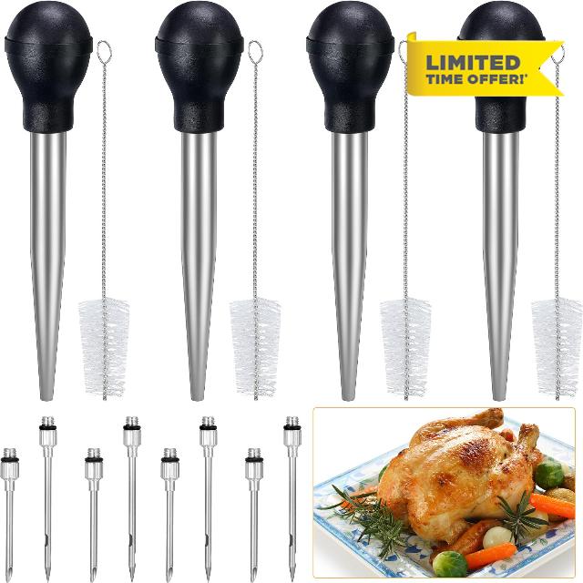 Uiifan 4 Pack Turkey Baster Stainless Steel Turkey Baster Syringe Baster for Cooking Hot Liquid with Silicone Bulb 2 Marinade Injector Needles and Cleaning Brush for Christmas Turkey Utensils