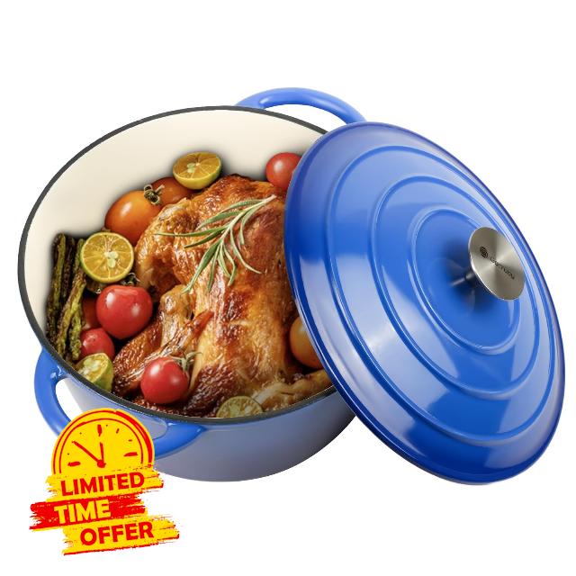 Gacuray 6Qt Enameled Cast Iron Dutch Oven Pot with Lidnd Dual Handles Heavy Duty Non-Stick Blue