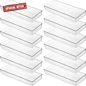 Huwena 12 Pcs Clear Plastic Drawer Organizer Tray 15" x 6" Makeups Drawer Storage Bins Drawer Containers for Organizing Bathroom Kitchen Office Dresser Utensil Silverware Gadgets Dividers with Bumpers