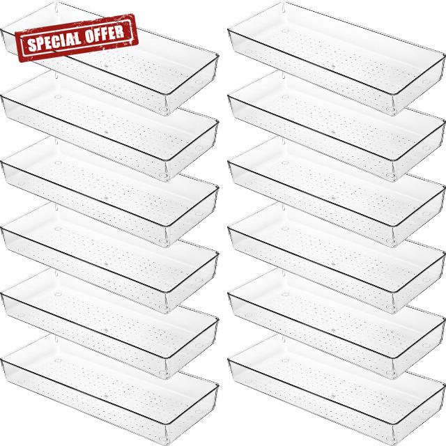 Huwena 12 Pcs Clear Plastic Drawer Organizer Tray 15" x 6" Makeups Drawer Storage Bins Drawer Containers for Organizing Bathroom Kitchen Office Dresser Utensil Silverware Gadgets Dividers with Bumpers