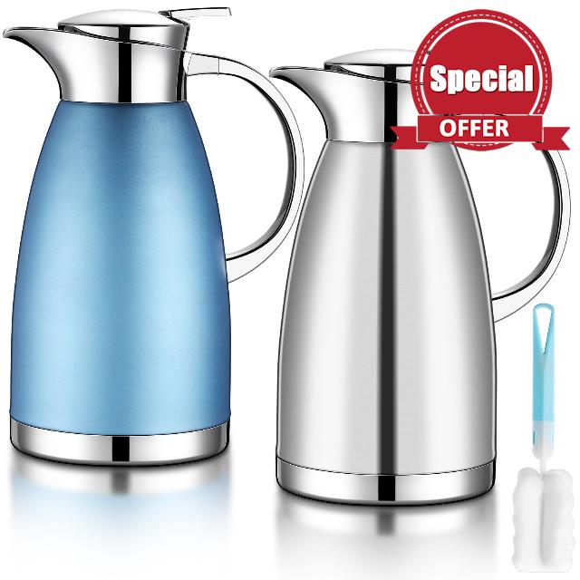 Mifoci 2 Pcs Coffee Carafe with cleaning Brush 61 oz Stainless Steel Hot Water Dispenser Hot Water Urn Thermal Pot Insulated Water Pitcher for tea Cold Heat Retention