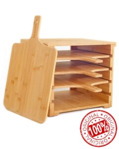 Slyced Wooden Pizza Peel Rack | Includes 4 x 12 Inch Non-Stick Bamboo Pizza Boards | Real Wood Pizza Paddle Stand | Innovative Design Allows You To Spend Less Time Prepping And More Time With Family