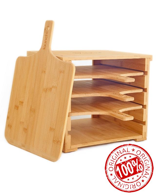 Slyced Wooden Pizza Peel Rack | Includes 4 x 12 Inch Non-Stick Bamboo Pizza Boards | Real Wood Pizza Paddle Stand | Innovative Design Allows You To Spend Less Time Prepping And More Time With Family