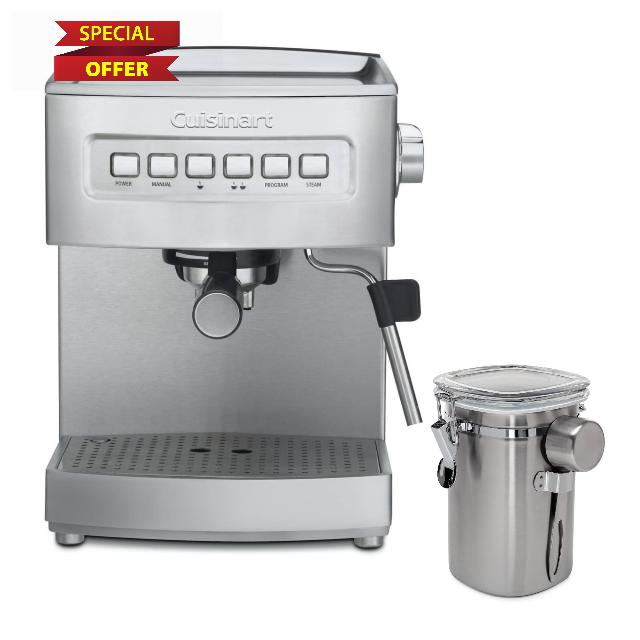 Cuisinart EM-200NP1 15-Bar Espresso Maker Bundle with ChefWave Stainless Steel Coffee Canister with Measuring Spoon (2 Items)
