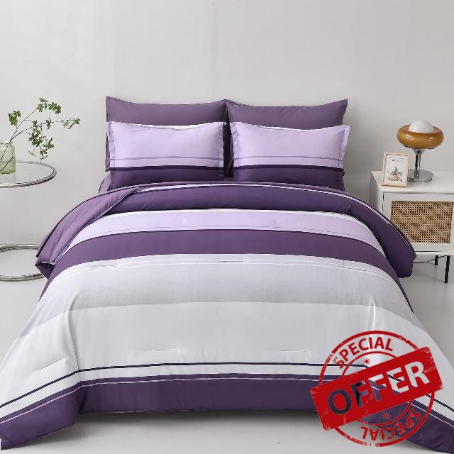 Mybedsoul Striped Bed in a Bag Queen 7 Piece Purple Comforter Set Modern Patchwork Bedding Sets Soft Microfiber Bedding Comforter Set with Flat Sheets Fitted Sheet Pillowshams