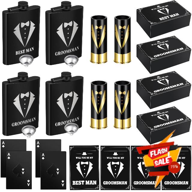 Mumufy 20 Pcs Groomsmen Gift Wedding Gift Include 4 Pcs 8 oz Groomsmen Flask 4 Card Bottle Opener 4 Shot Glasses 4 Groomsmen Gift Boxes 4 Proposal Cards Best Man Gift for Wedding Bachelor Party Favors