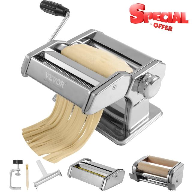 VEVOR Manual Pasta Machine Stainless Steel Italian Fresh Pasta Machine 9 Thickness 0.3-3 mm Width 1.5/6.6 mm 3/45 mm Crank Included for Spaghetti Dumplings and Ravioli Packaging