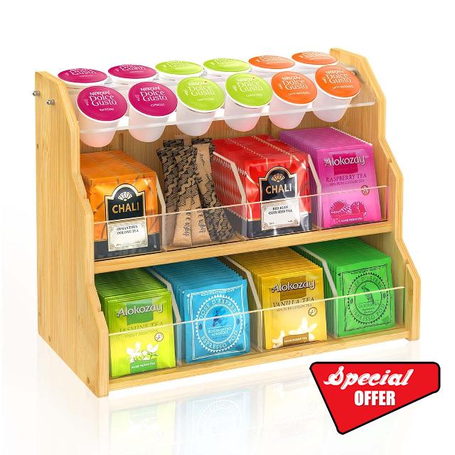 KMOTASUO Bamboo Tea Bag Organizer with Acrylic Coffee Pods Holder