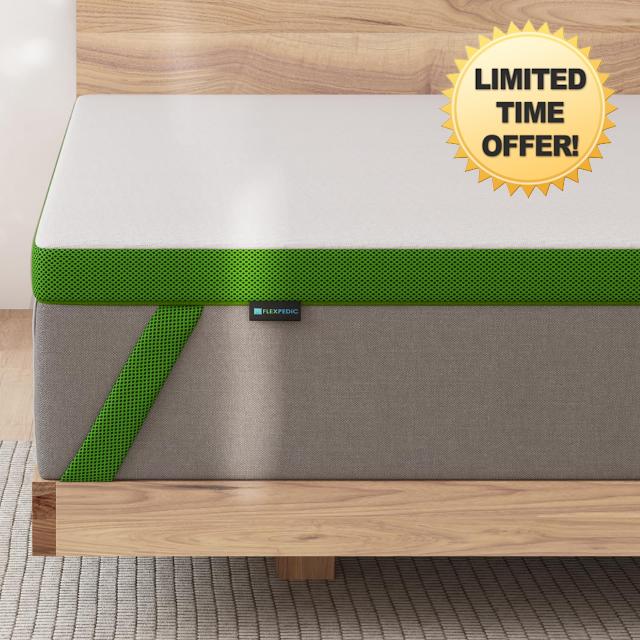 FLEXPEDIC 2 Inch Firm Mattress Queen Size - Extra Firm Memory Foam Bed Topper - Back Pain Relief - High Density Green Tea Foam Mattress Pad with Skin-Friendly Cover - CertiPUR-US Certified
