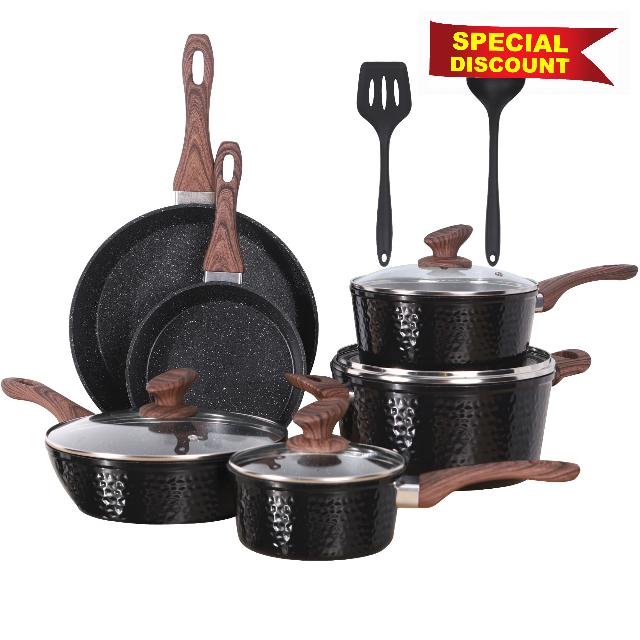 Kitchen Academy Induction Hammered Cookware Set - 12 Pcs Nonstick Cooking Pans Set