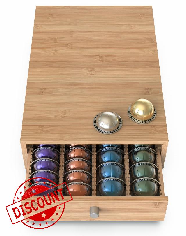 WELL WENG Premium Bamboo Organizer Drawer for Nespresso Vertuo Capsules - Compatible with 40 Big or 56 Small Vertuoline Pods (Natural)