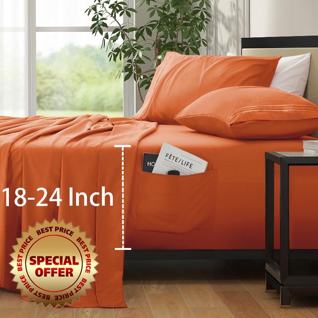 SiinvdaBZX Extra Deep Pocket Queen Sheets for Air Mattress - 4 Piece Burnt Orange Deep Pocket Sheets Queen Size - Fits Mattress 18-24 Inches Deep - Soft 1800 Thread Count Fitted Sheet with Side Pocket