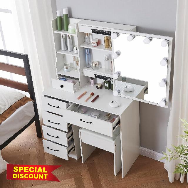 Caulitar Vanity Desk with Mirror and Lights-3 Color and Brightness Adjustable