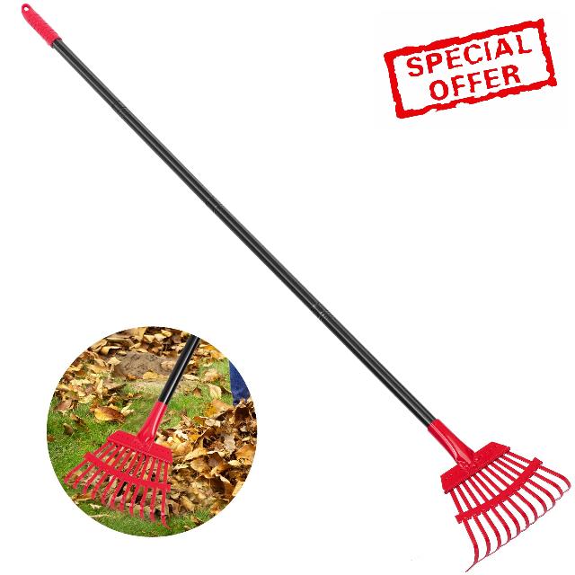 Garden Leaf Rake with 34.5" to 59" Adjustable Long Steel Handle