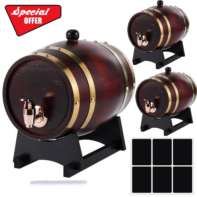 Soaoo 3 Pcs Oak Aging Barrel Whiskey Barrel American Oak Barrel with Label Pen Wooden Wine Barrel Bourbon Barrel for Beer Tequila Rum Cocktail Home Bar (Red