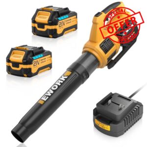 Cordless Leaf Blower - EWORK 21V Electric Leaf Blower Cordless with (2) 3.0Ah Battery and Fast Charger 400CFM Variable Speed & Turbo Mode - Battery Powered Leaf Blowers for Lawn Care and Patio