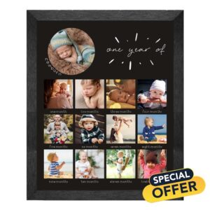 comurdyo My First Year Photo Moments Baby Keepsake Picture Frame 12 month Photos Monthly Milestone13 Photo Inserts Gift for Mom to Be or Expecting Parents Wall or Desk Nursery Decor (Black)