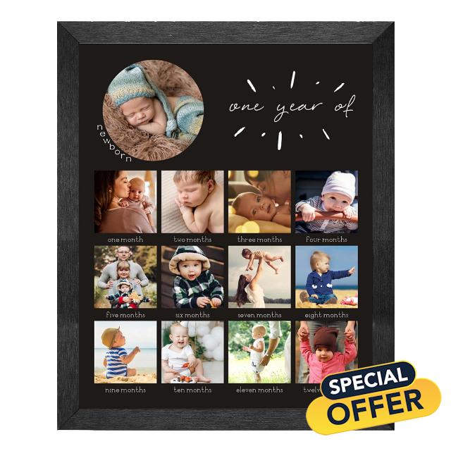 comurdyo My First Year Photo Moments Baby Keepsake Picture Frame 12 month Photos Monthly Milestone13 Photo Inserts Gift for Mom to Be or Expecting Parents Wall or Desk Nursery Decor (Black)