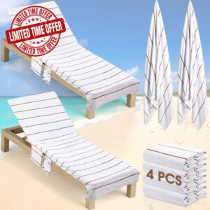 Redbaker 4 Pack Pool Chair Cover and Beach Towel Set Stripe Lounge Chair Towel Covers with Top and Side Pockets Cotton Oversized Beach Chair Towel for Sunbathing Pool Lawn Patio Garden (Beige)