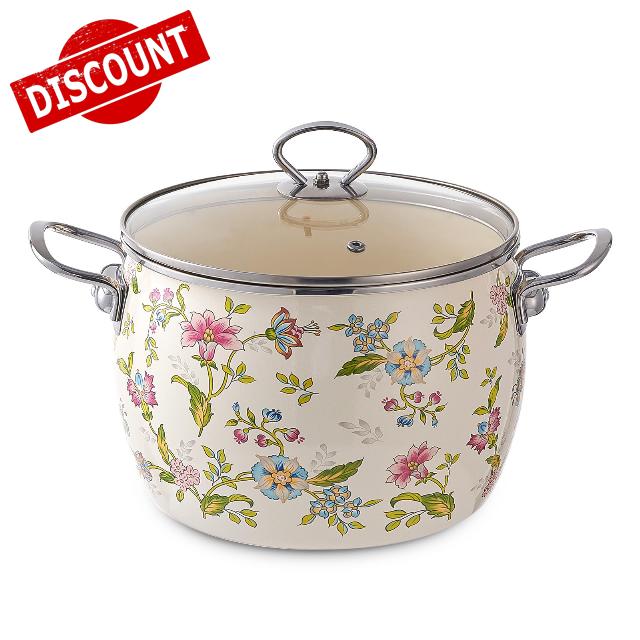 4-Quart Traditional Floral Enamel Cookware Enamel Stock Pot with Lid