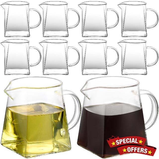 Tanlade 10 Pcs Square Glass Tea Pitcher 11.8 oz Small Glass Pitcher Milk Frothing Pitcher High Temperature Resistant Clear Milk Frother Cup with Handle Glass Creamer Container for Coffee Drinkware