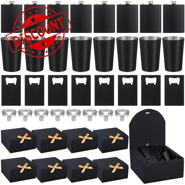Yaomiao Wedding Groomsman Gifts Set of 8 Flask for Men 8 oz Stainless Steel Hip Flask with 8 Shot Glass 8 Funnel 8 Credit Card Bottle Opener Groomsmen Proposal Box with Raffia Grass Shred Fill
