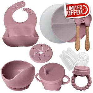 AYBABY Silicone Baby Feeding Set (8 Pieces) -Baby Suction Plate with lid & Baby Suction Bowl/Baby Fork and Spoon/Sippy Cup/Bib & Fruit Feeder - Newborn Gift (Pink)