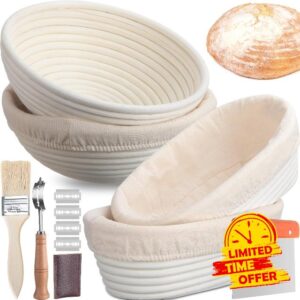 Mifoci 4 Pack Bread Proofing Baskets Banneton Basket 9 Inch Round Sourdough Proofing Basket 10 Inch Oval Proofing Baskets for Bread Baking with Bread Scorer Dough Scraper Linen Liner and Basting Brush