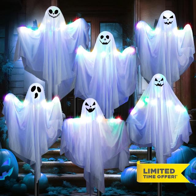 Liliful Halloween Ghost Yard Stakes with Light up 24 Inch Multicolored LED White Ghost Stakes Outdoor Ghost Decorations Decorative Garden Stakes for Indoor Holiday Party