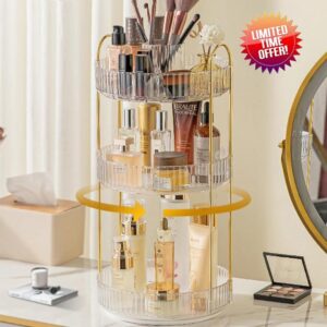 GHWMYD 360 Rotating Makeup Organizer for Vanity 3 Tier Spinning Bathroom Organizer Countertop Large Storage Cosmetic Display Tray Skincare Organizers for Dresser Perfumes Skincare Lotions Lipsticks