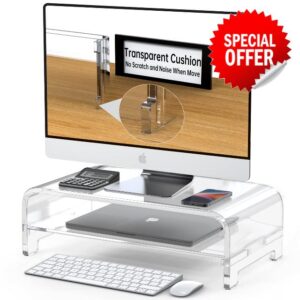 Beimu Acrylic Monitor Stand Riser Acrylic Laptop Stand Riser for 12-30" Notebook and Monitor Clear Monitor Stand Laptop Stand for Desk with Storage PC Holder Organizer Compatible with iMac MacBook