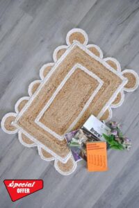 2x3 Ft. White Color Scalloped Design Jute Rug Kitchen Rug/Patio Rug/Hallway Rug/Entryway Rug/Outdoor Rug