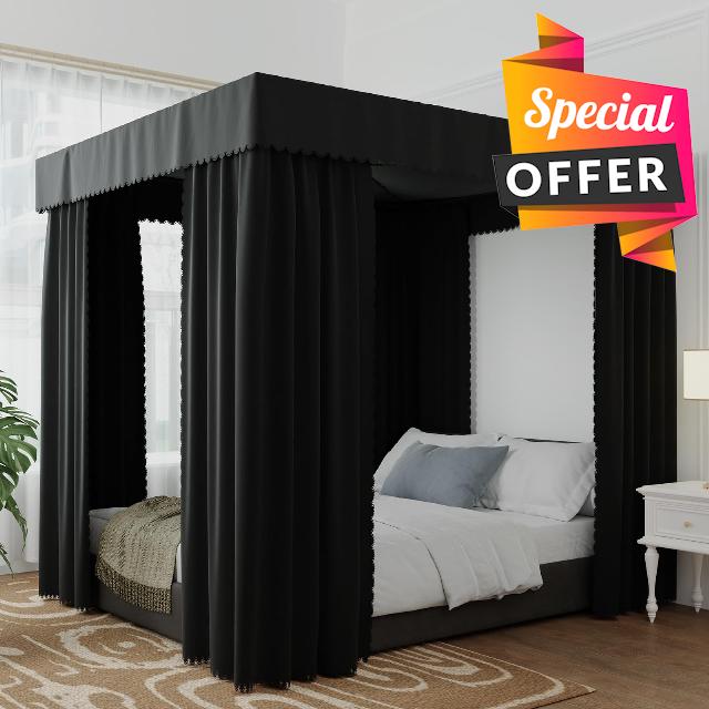 Hvqic Black Canopy Bed Curtains - 4 Corner Post Bed Curtains Queen Bed Canopy Curtains Lightproof Bed Canopies&Drapes for Adults & Girls Home Decoration(Black