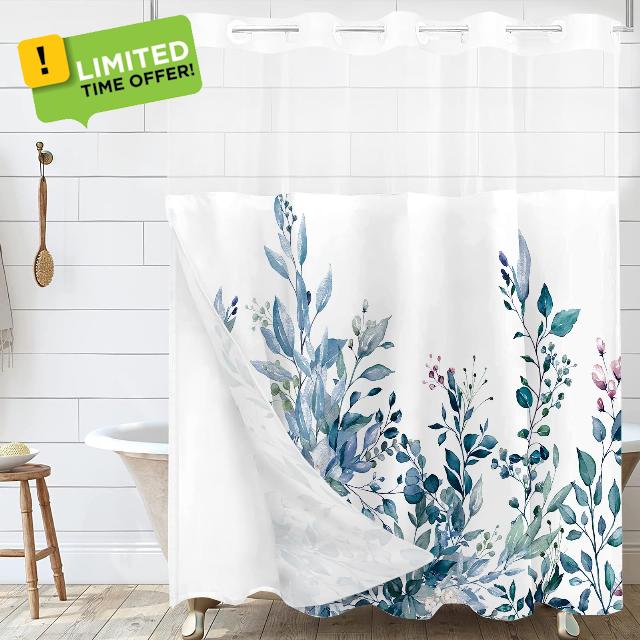 Blue Leaves No Hook Shower Curtain with Snap in Liner