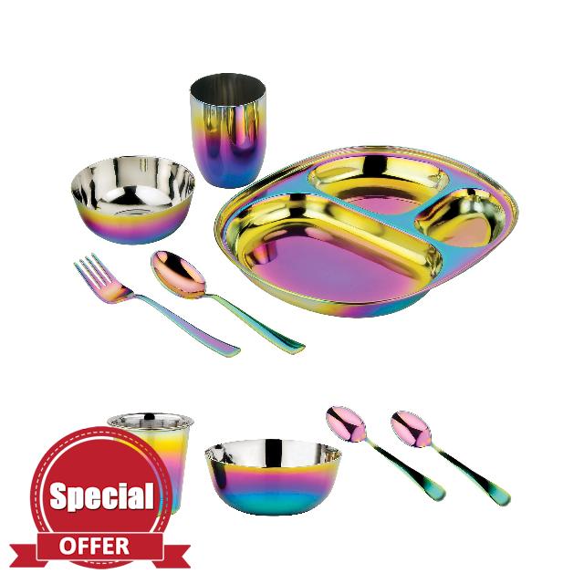 Ahimsa Stainless Steel Dine & Develop 9 Piece Dish Set | Divided Plate + 8 Ounce Cup + 4 Ounce Cup + 8 Ounce Bowl + Fork + Spoon + 2 Baby Spoons | Toddler Dishware | 100% BPA Free (Rainbow)