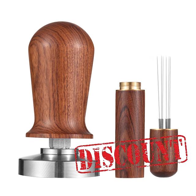 51mm Espresso Tamper & Stirrer Set Coffee Calibrated Tamper with Spring Loaded Flat 304 Stainless Steel Base Barista Wooden Handle Press for Espresso Machine