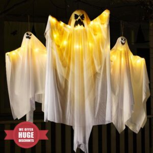 JOYIN 3 Pcs Halloween Light-up White Hanging Ghost