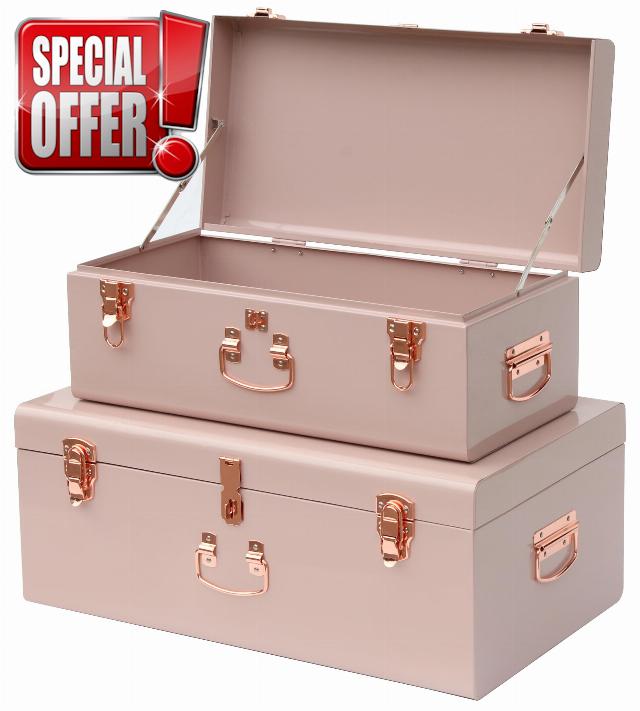Vixdonos Decorative Large Metal Box Storage Trunk Chest Set of 2 Kids' Toy Organizer with Hardware Hasps and Handle for Home Deocr
