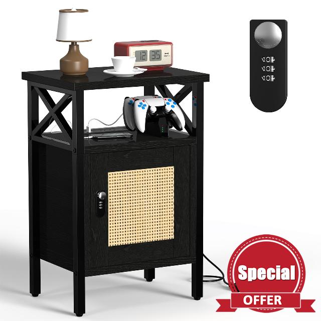 runjuly Rattan Nightstand with Combination Lock