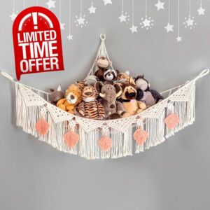 Kordory Stuffed Animal Net or Hammock Macrame Large Corner Netting Toy Storage with Boho Tassels