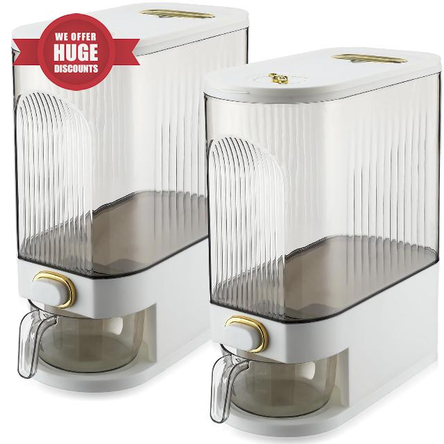 2 Pcs 25 Lbs Clear Rice Dispenser with Measuring Cup Moisture Proof Cereal Dispenser Grain Container Storage Household Dry Food Dispenser Countertop with Time Scale Kitchen for Rice Food(White)
