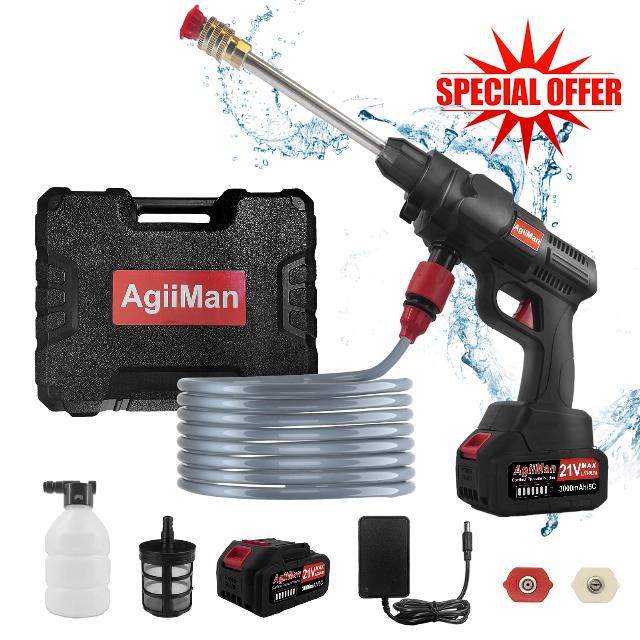 AgiiMan Cordless Pressure Washer - 21V Portable Power Washer with Rechargeable 3.0Ah Battery,Max 450PSI Electric Power Washer with 2 Spray Nozzle for Car/Fence/Floor/Walls/Yards Cleaning & Watering