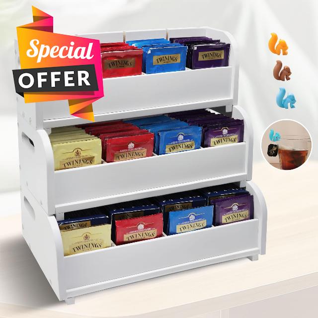 Tea Bag Storage Organizer Box - Bamboo Tea bags Holder 3-Tier Stackable Wall Mount Large Capacity Tea Caddy Containers for Pantry Countertop Kitchen Counter Cabinet Office (White)