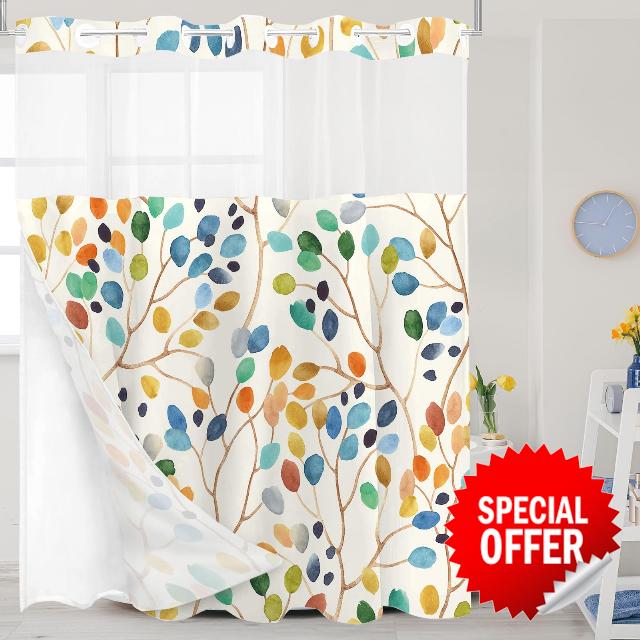 Boho Colorful Leaves No Hook Shower Curtain with Snap in Liner Set
